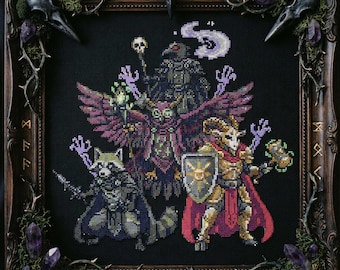May include: A framed cross-stitch depicting fantasy creatures, including a raccoon, owl, and goat-like figure, against a black backdrop. The artwork uses a dark colour palette with purple and gold accents. The dark brown frame has decorative elements.