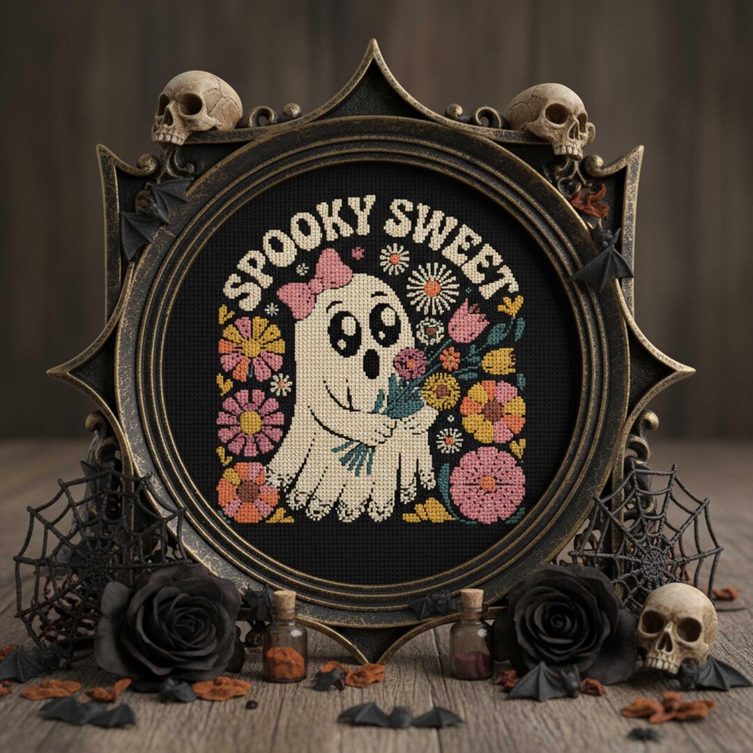 Spooky Sweet Ghost Cross Stitch Pattern: Cute Halloween Floral ...