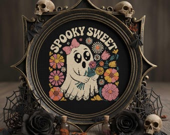 Patrón de punto de cruz de fantasma dulce y espeluznante: precioso bordado floral de Halloween con flores y lazo (patrón PDF)