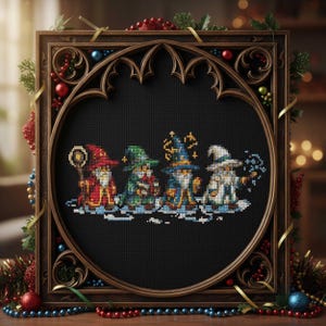 May include: Cross-stitch artwork featuring four wizards in colorful robes and hats, each with a unique design. The artwork is set against a black background within a decorative wooden frame. Festive holiday decorations surround the frame.