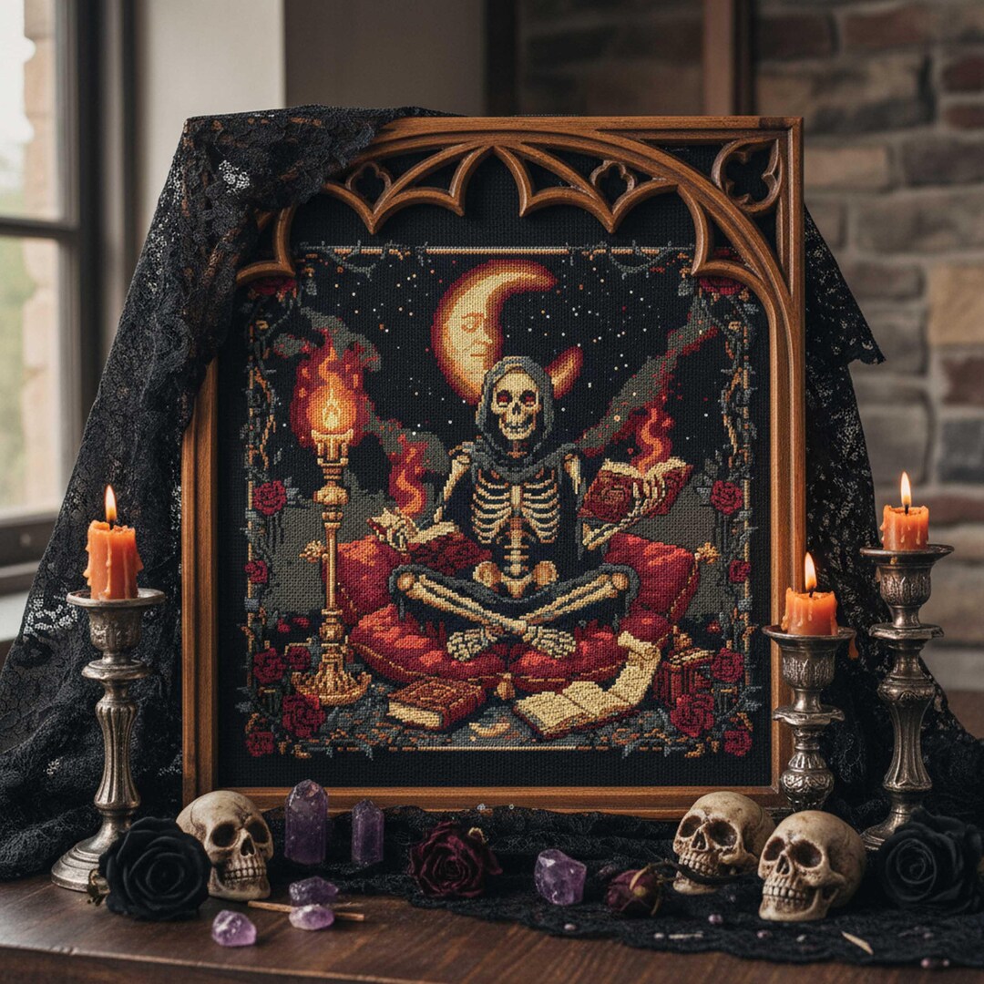Gothic Skeleton Cross Stitch Pattern Dark Sorcerer Moon Embroidery ...