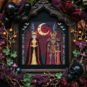 May include: Cross-stitch artwork depicting a queen and knight in a gothic style. The figures are framed by a dark wooden arch, surrounded by skulls, flowers, and foliage. The queen wears a gold crown and gown, while the knight is in armour. A crescent moon is in the background.