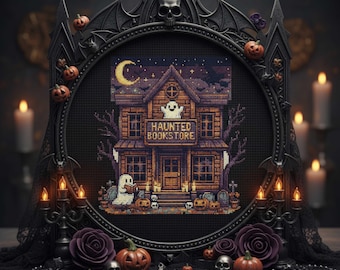 Haunted Bookstore Cross Stitch Pattern Gothic Halloween Embroidery PDF Spooky Ghost House Needlepoint Dark Academia Library Decor
