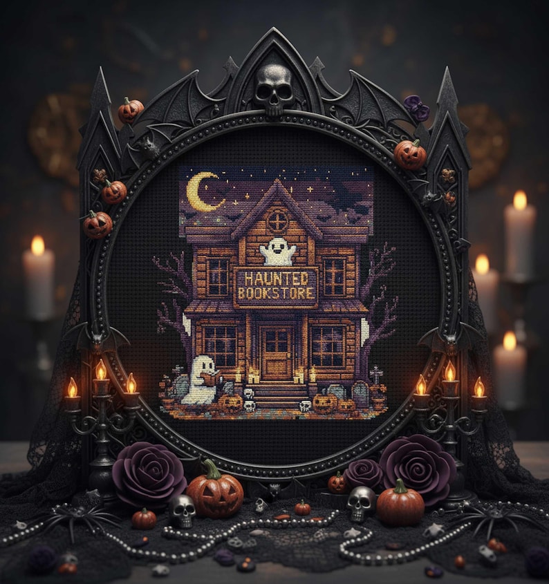 Haunted Bookstore Cross Stitch Pattern Gothic Halloween Embroidery PDF ...
