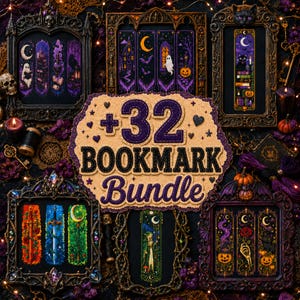 Pode incluir: Uma coleção de marcadores de página com tema gótico, apresentando ilustrações de fantasmas, abóboras, gatos e espadas, exibidos em molduras pretas ornamentadas. O texto central diz +32 BOOKMARK Bundle em letras roxas e pretas.