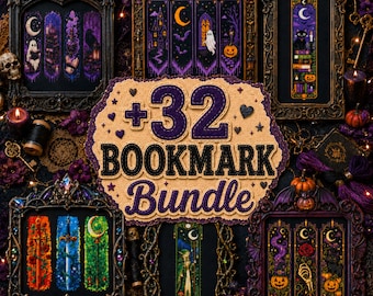 May include: A collection of gothic-themed bookmarks featuring illustrations of ghosts, pumpkins, cats, and swords, displayed within ornate black frames. The central text reads +32 BOOKMARK Bundle in purple and black stitched lettering.