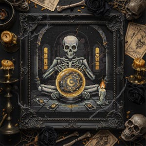 May include: A framed cross-stitch artwork featuring a skeleton holding a glowing orb, surrounded by tarot cards and candles. The artwork is in a black ornate frame, with skulls and roses around it. The color palette is primarily black, gold, and gray.