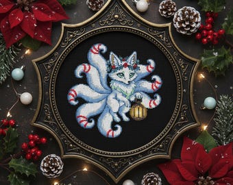 リネン製キツネ刺繍クリスマスストッキング Winter Kitsune Cross Stitch Pattern Christmas Fox Embroidery PDF
