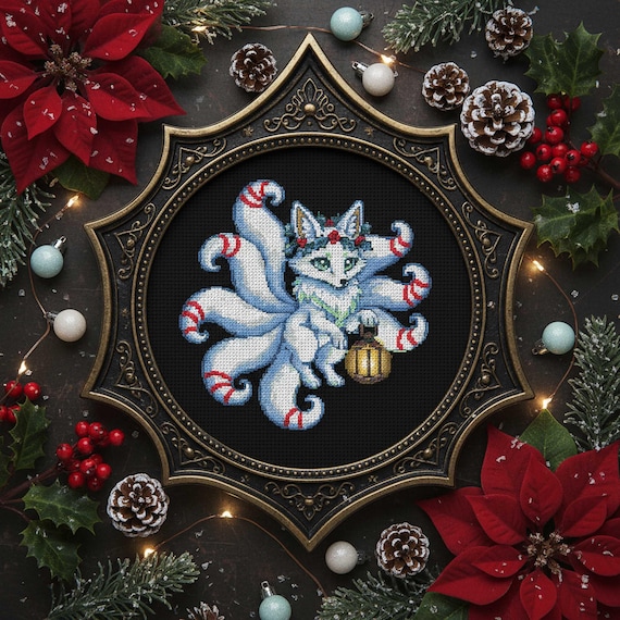 リネン製キツネ刺繍クリスマスストッキング Winter Kitsune Cross Stitch Pattern Christmas Fox Embroidery PDF
