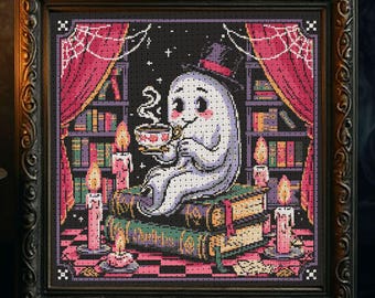Gothic Ghost Librarian Cross Stitch Pattern Ghost Reading Library Embroidery Spooky Horror Magic Dark Academia Halloween Cross Stitch PDF