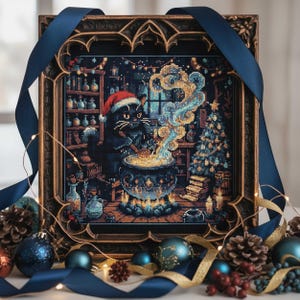 May include: Cross-stitch art in a dark ornate frame. A black cat wearing a Santa hat stirs a cauldron. The scene includes a Christmas tree, shelves of potion bottles, and a blue ribbon. Ornaments and pinecones surround the frame.