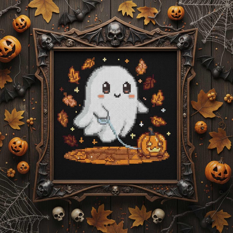 Cute Ghost Pumpkin Cross Stitch Pattern: Kawaii Halloween Embroidery ...