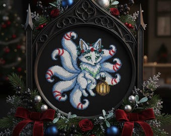 リネン製キツネ刺繍クリスマスストッキング Winter Kitsune Cross Stitch Pattern Christmas Fox Embroidery PDF