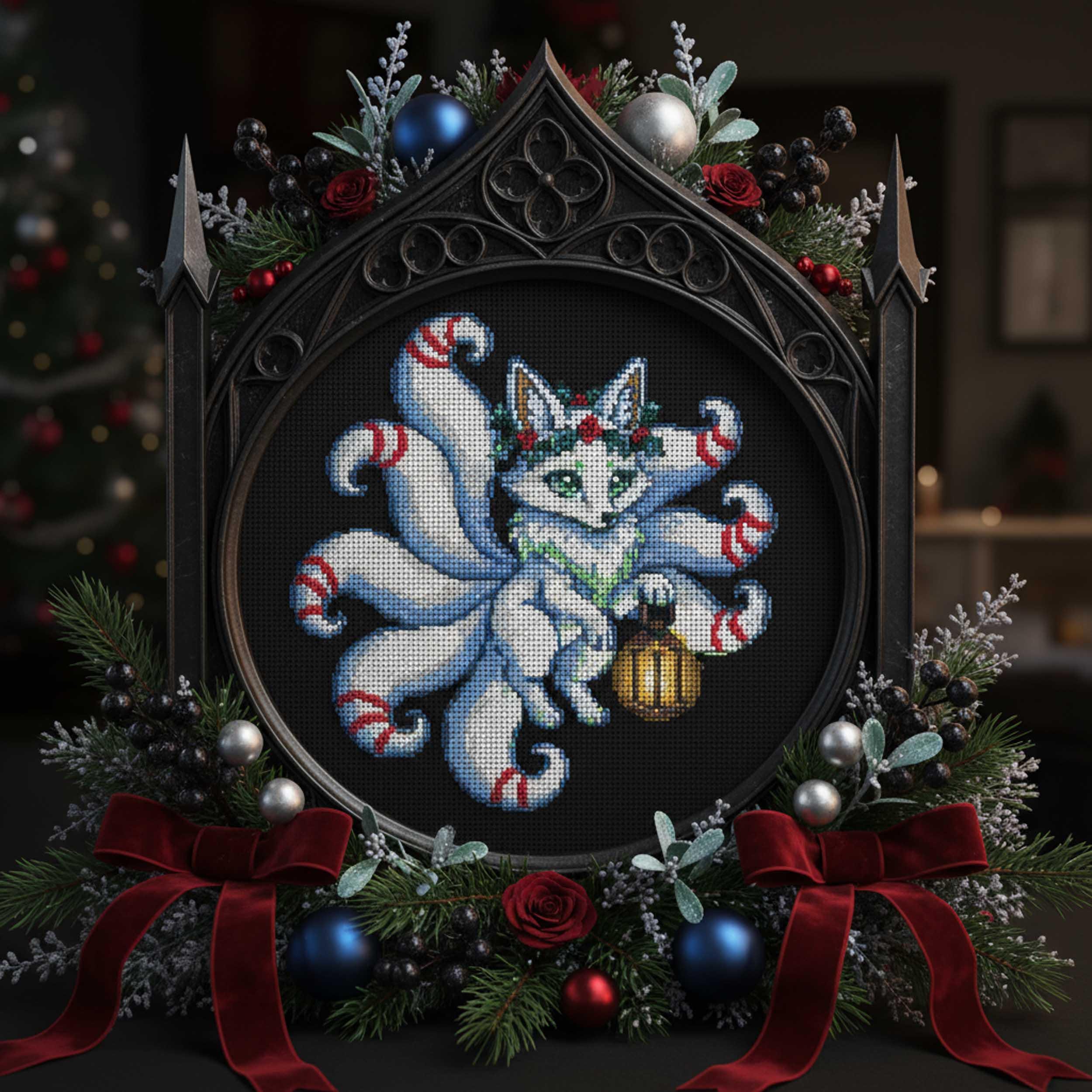 Winter Kitsune Cross Stitch Pattern Christmas Fox Embroidery PDF