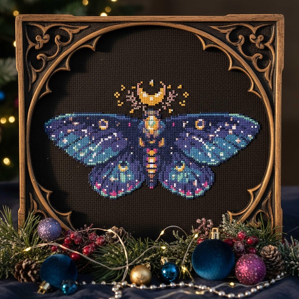 Lunar Moth Cross Stitch Pattern: Cosmic Fantasy Insect with Crescent Moon (PDF Embroidery)