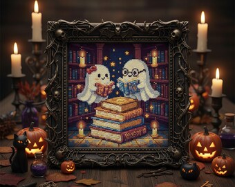 Ghost Library Cross Stitch Pattern: Halloween Bookshop Embroidery (PDF Pattern)