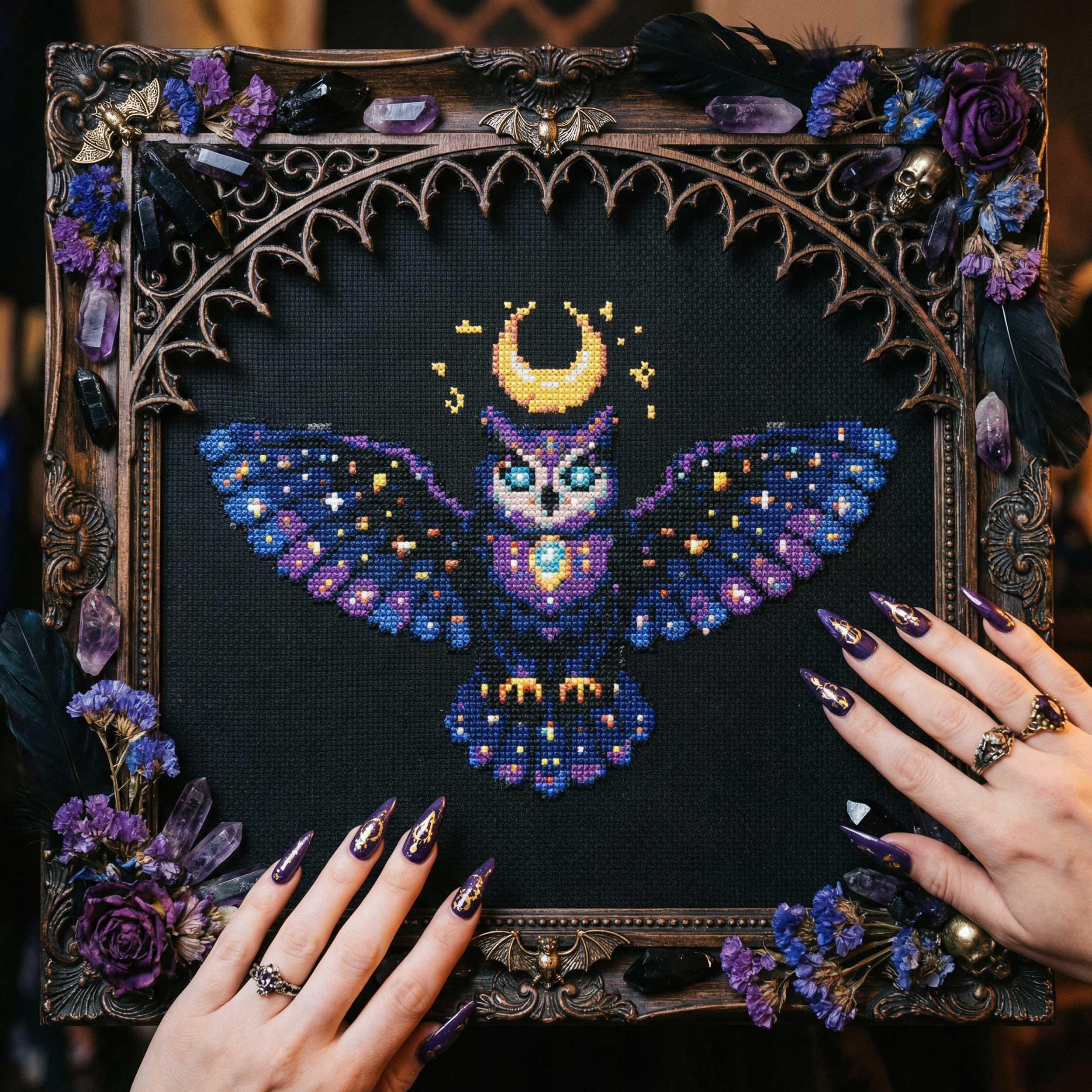 Mystic Moon Owl Cross Stitch Pattern: Dark Academia Celestial Art Embroidery PDF