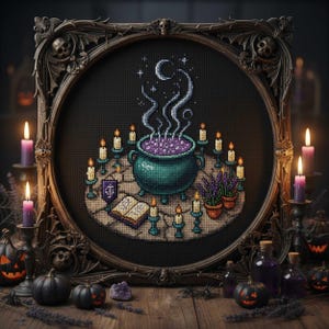 May include: A cross-stitch artwork of a witch's cauldron with purple bubbling potion, surrounded by candles, a book, and lavender plants. The artwork is framed in a dark, ornate wooden frame with skull details, creating a spooky Halloween theme.