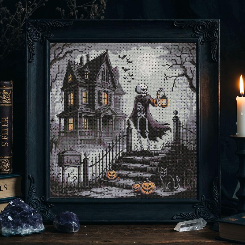Haunted Mansion Skeleton Cross Stitch Pattern Gothic Halloween Lantern ...