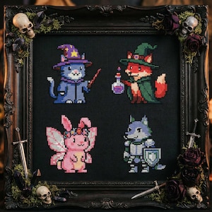 May include: Cross-stitch art featuring four whimsical characters: a cat wizard, a fox with a potion, a fairy bunny, and a wolf knight. The characters are set against a black background within a decorative black frame with skulls and roses.