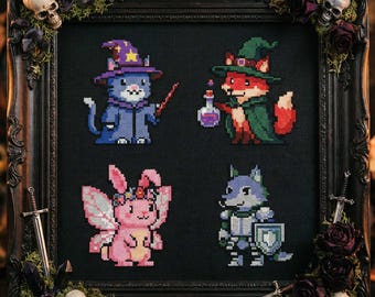 Pixel Fantasy Animals Cross Stitch Pattern: Magical RPG Companions Embroidery PDF