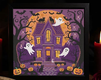 Spökhus, spöken, korsstygnsmönster, Halloween, lila herrgård, broderi, tebjudning, pumpor, fladdermöss, spindelnät, kuslig gotisk fantasi, PDF