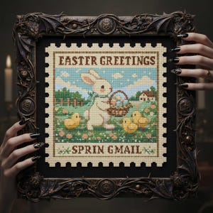 Peut inclure: Broderie au point de croix dans un cadre orné sombre. L'œuvre représente un lapin portant un panier d'œufs, avec trois poussins dans un champ. Le texte dit "EASTER GREETINGS" et "SPRIN GMAIL". L'arrière-plan comprend une maison, une clôture et un ciel bleu.