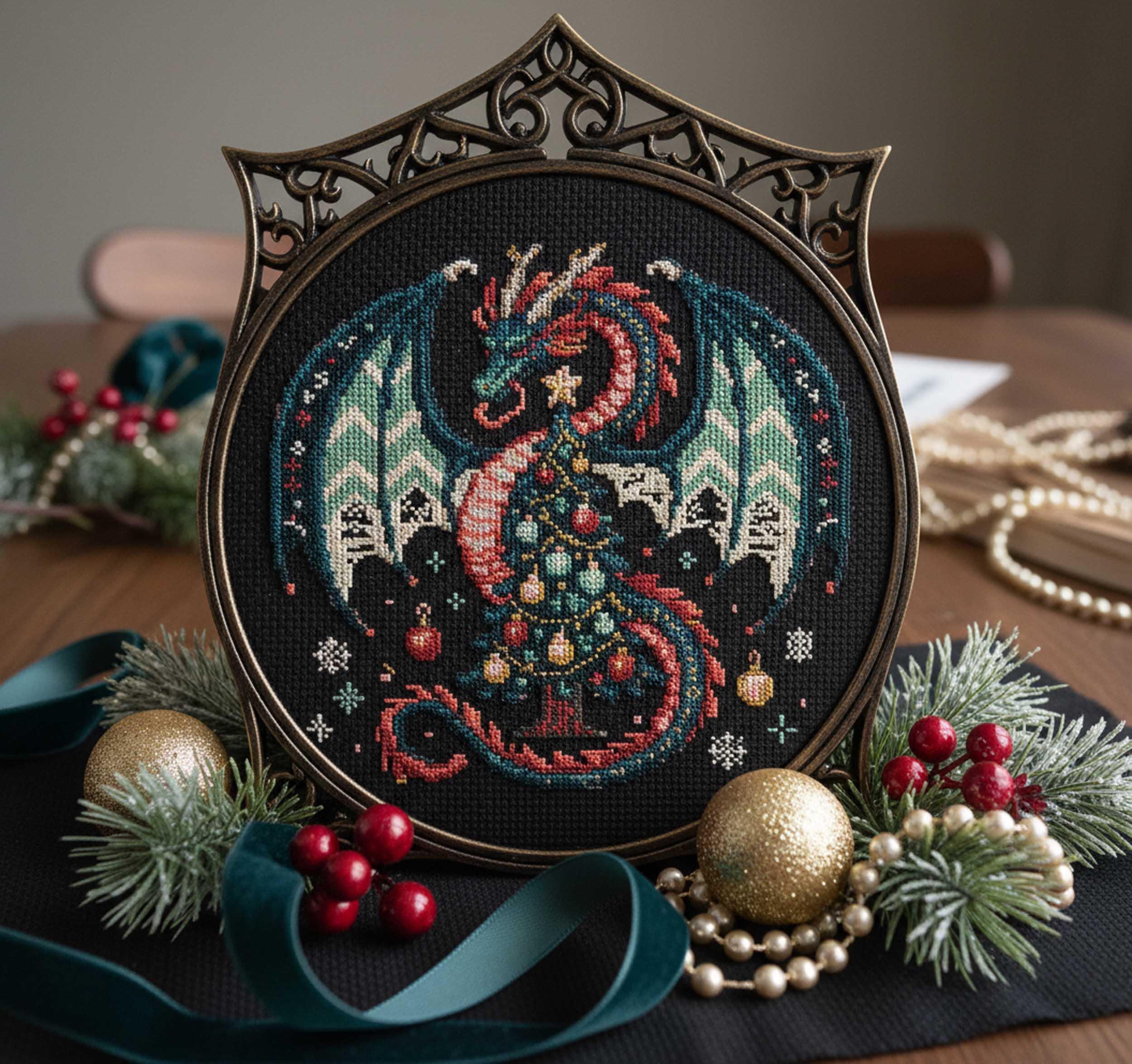 Christmas Dragon Cross Stitch Pattern Gothic Fantasy Dragon With Tree ...