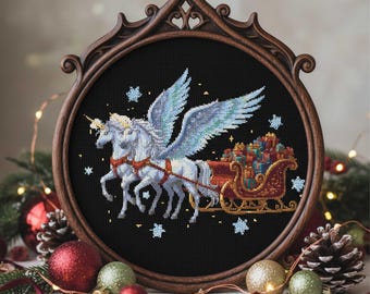 Christmas Unicorn Sleigh Cross Stitch Pattern Fantasy Pegasus Embroidery Gothic Holiday Gifts Magic Winter Sky Spooky Cross Stitch PDF