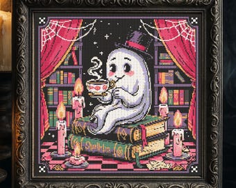 Gothic Ghost Librarian Cross Stitch Pattern Ghost Reading Library Embroidery Spooky Horror Magic Dark Academia Halloween Cross Stitch PDF