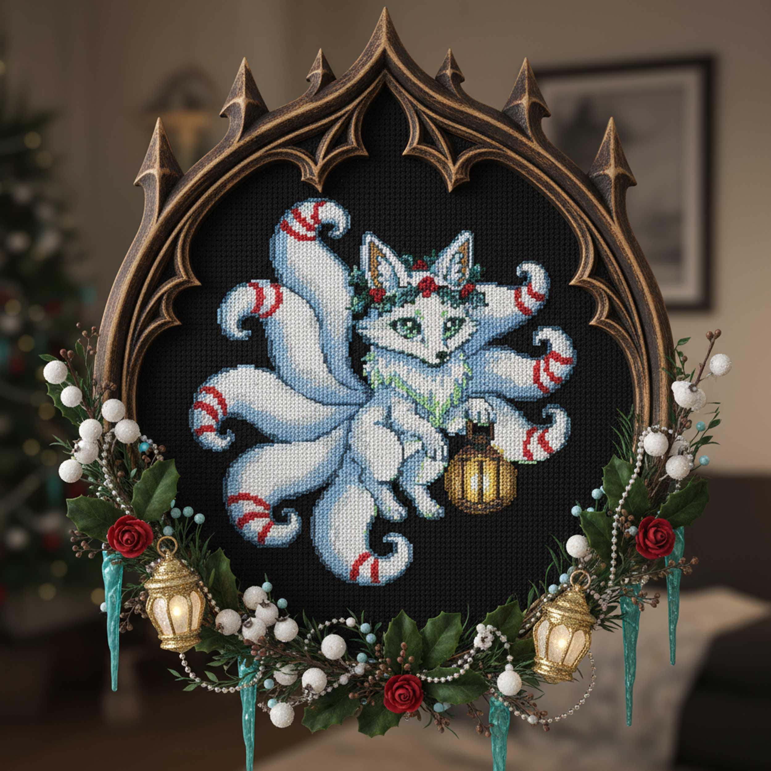 Winter Kitsune Cross Stitch Pattern Christmas Fox Embroidery PDF