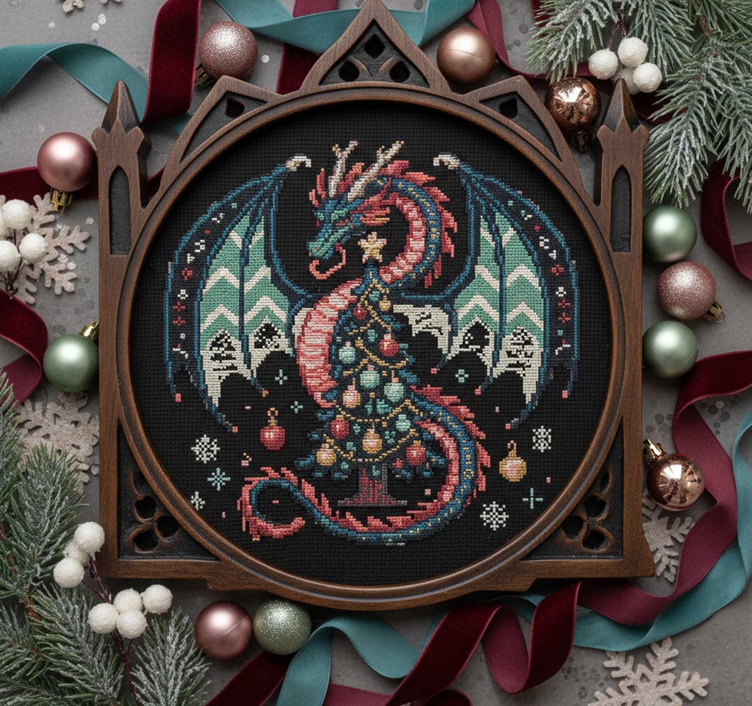 Christmas Dragon Cross Stitch Pattern Gothic Fantasy Dragon With Tree ...