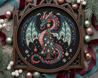 Christmas Dragon Cross Stitch Pattern Gothic Fantasy Dragon with Tree Embroidery Spooky Holiday Winter Magic Ornament Cross Stitch PDF