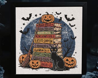 Black Cat Books Cross Stitch Pattern Halloween Spell Books Embroidery Pumpkins Bats Full Moon Gothic Witchy Spooky Horror Dark Fantasy PDF