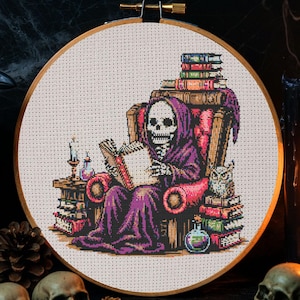 Skeleton Reading Cross Stitch Pattern Dark Academia Skeleton Embroidery Spooky Horror Gothic Skeleton Library Magic Halloween Cross Stitch