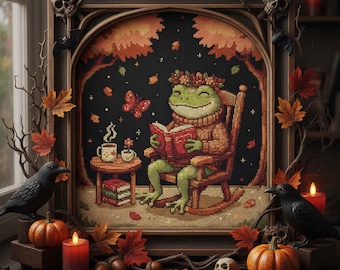 Autumn Frog Reading Cross Stitch Pattern: Cozy Cottagecore Halloween Fall Embroidery (PDF Pattern)