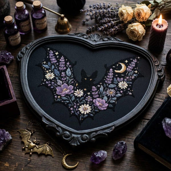 Purple Floral Bat Cross Stitch Pattern: Celestial Halloween Dark Cottagecor Embroidery PDF