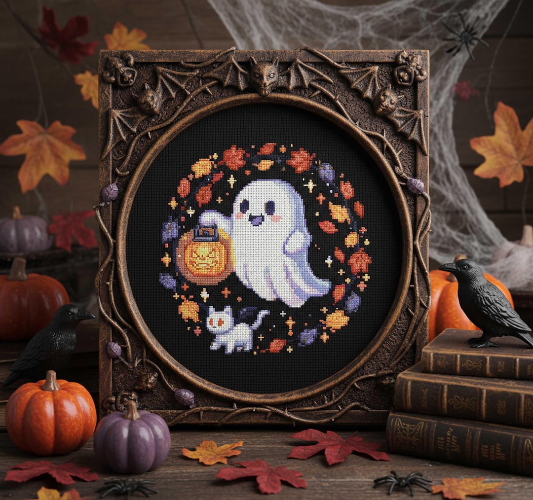 Cute Ghost Cross Stitch Pattern Kawaii Halloween Embroidery Spooky Cat ...