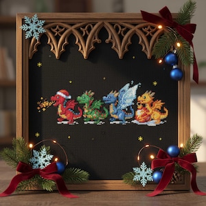May include: Cross-stitch artwork featuring five colourful dragons in a row, each with unique designs and colours, set against a black background. The artwork is framed in a wooden frame and decorated with Christmas ornaments and bows.