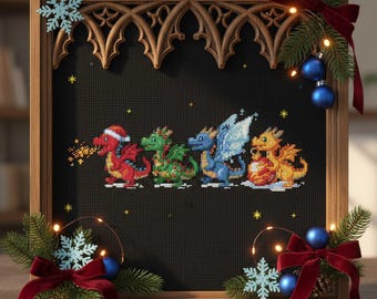 Fantasy Dragon Parade Cross Stitch Pattern: Fire, Ice, and Christmas Magic Embroidery (PDF Pattern)