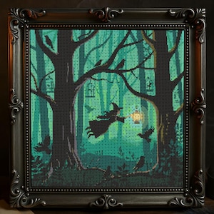 Witch Forest Cross Stitch Pattern Gothic Halloween Flying Witch Embroidery Spooky Woodland Dark Garden Magic Halloween Cross Stitch PDF