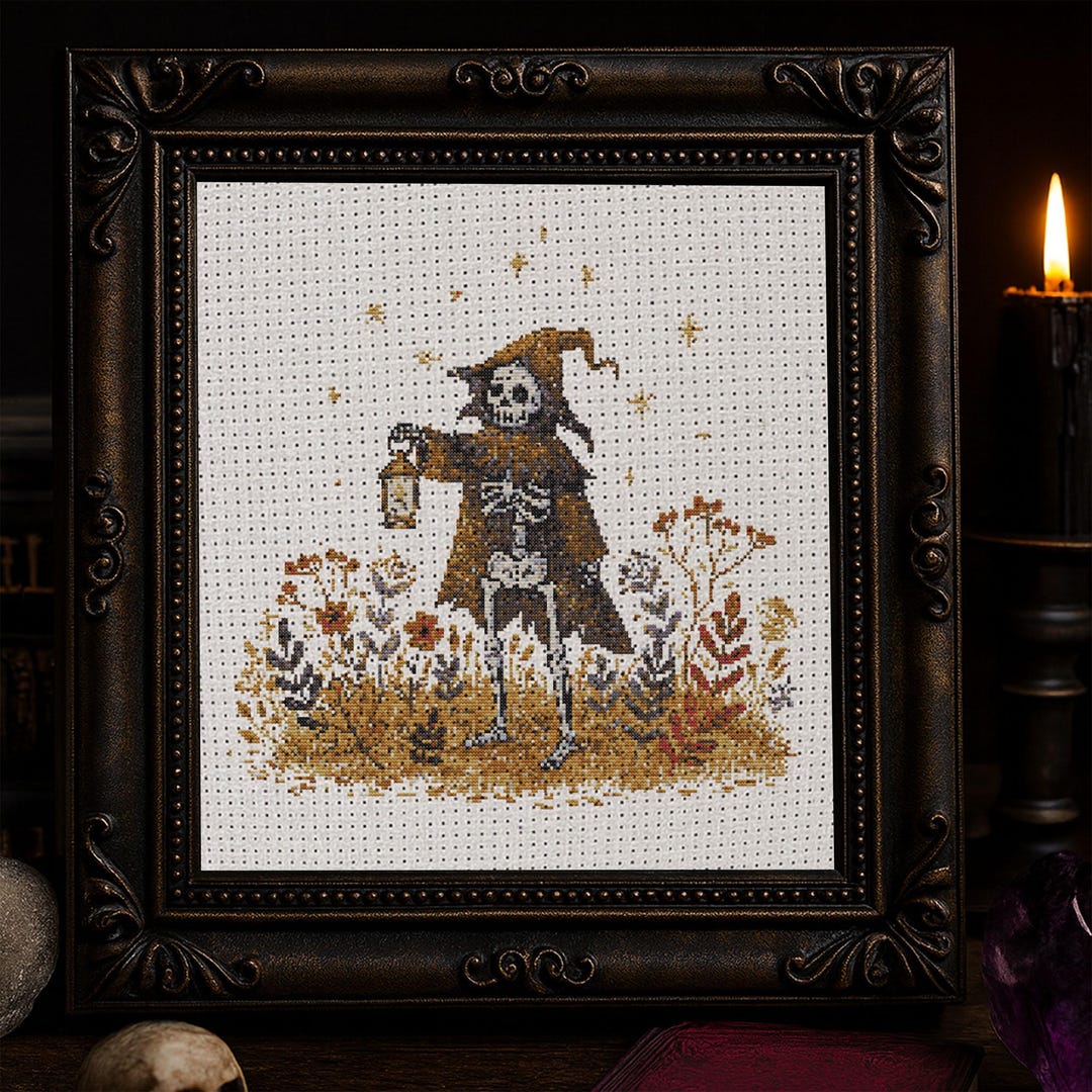 Skeleton Lantern Cross Stitch Pattern Halloween Witch Skeleton ...