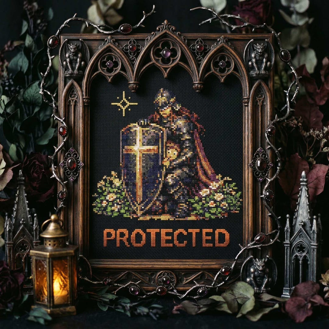 Protected Knight Cross Stitch Pattern: Medieval Guardian Knight Shield ...
