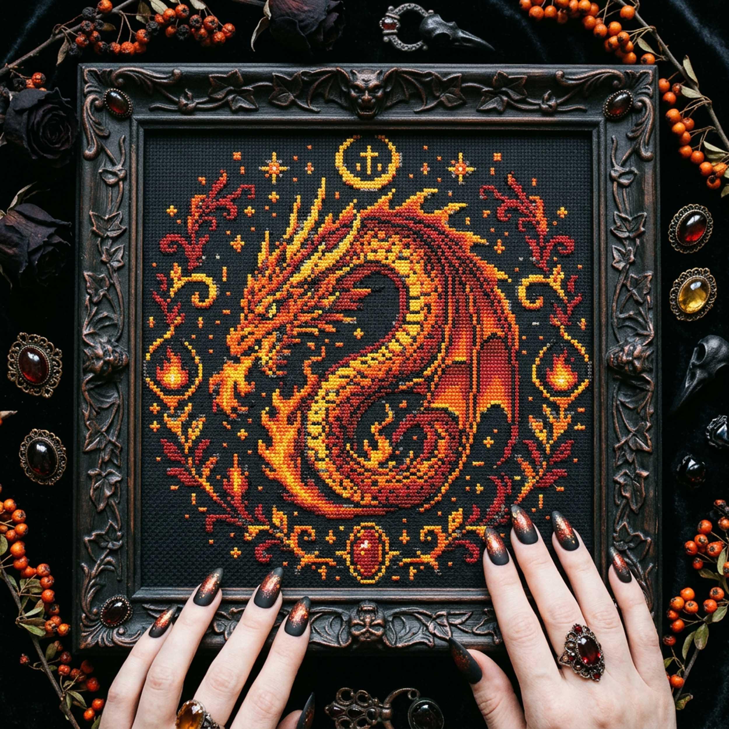 Fire Dragon Cross Stitch Pattern: Fiery Fantasy Dragon Gothic Mythical ...