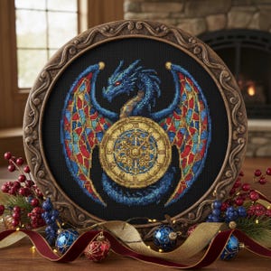 May include: A framed cross-stitch featuring a blue dragon with red eyes, intricate wings, and a golden emblem. The dragon is set against a black background within a decorative brown frame. Festive decorations, including ornaments and ribbon, surround the frame.