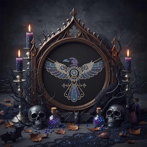 May include: A gothic-themed display featuring a framed raven cross-stitch, flanked by lit purple candles in ornate holders. The scene includes skulls, potion bottles, and decorative elements, creating a dark, mystical ambiance. The raven is depicted with blue and purple wings.