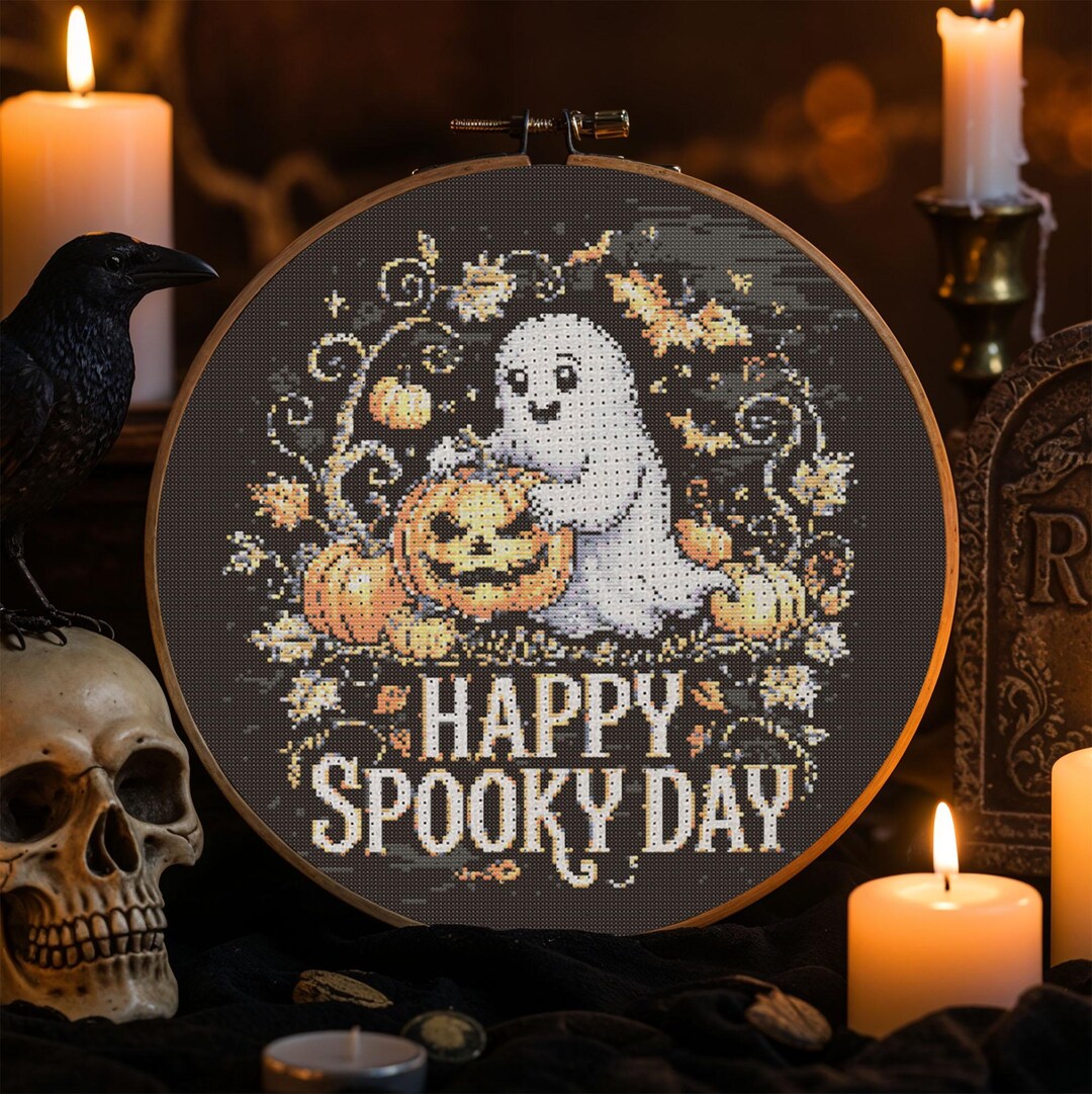 Happy Spooky Day Cross Stitch Pattern Halloween Ghost With Pumpkins ...