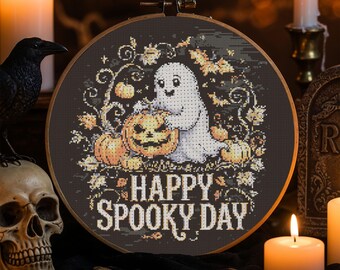 Happy Spooky Day Cross Stitch Pattern Halloween Ghost with Pumpkins Embroidery Autumn Leaves Bats Cute Spooky Gothic Horror Fantasy PDF