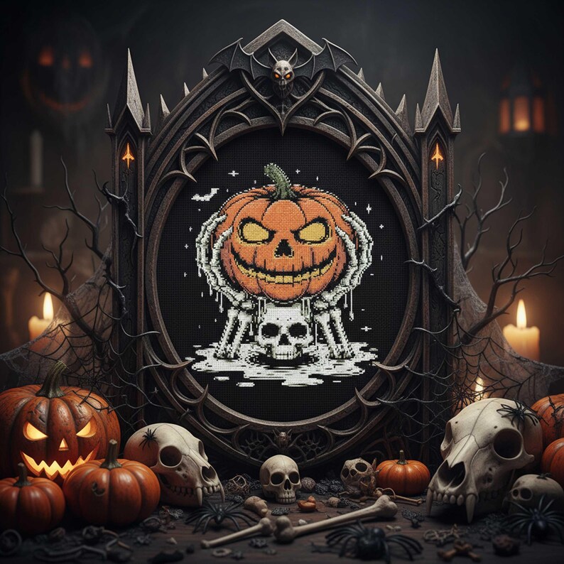 Skeleton Pumpkin Cross Stitch Pattern Halloween Skull Embroidery PDF ...