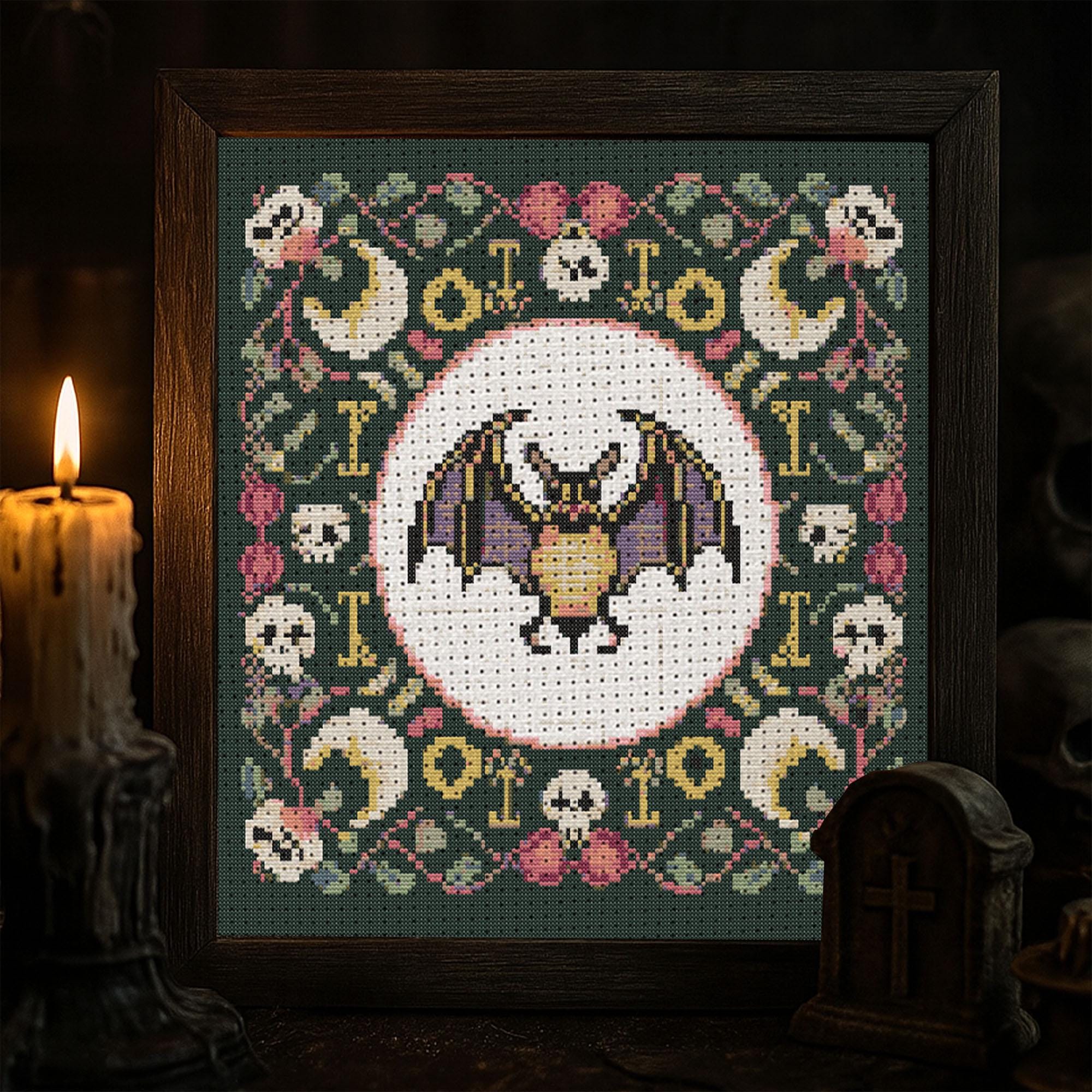 Gothic Bat Cross Stitch Pattern Halloween Spooky Skull Moon Embroidery ...